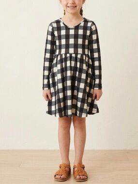 Hanna Andersson Girls Black & White Buffalo Check Long Sleeve Cotton Dress